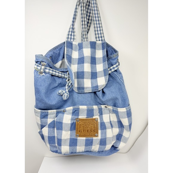 Guess Handbags - Vintage Baby Guess Denim Gingham Backpack Purse Y2K Rare Logo Bag Blue